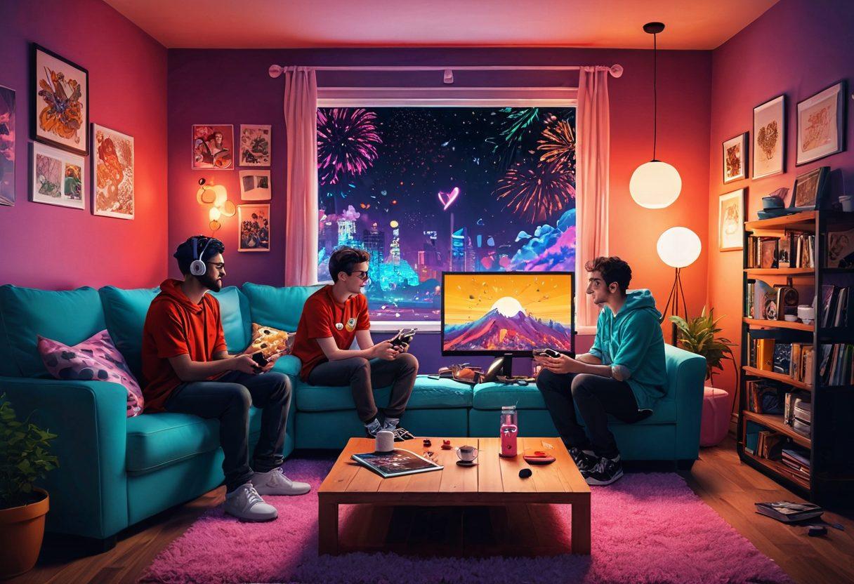 A whimsical scene depicting two gamers sharing a virtual experience, with colorful avatars embracing on-screen. The backdrop showcases a fantastical gaming world merging with a cozy living room, filled with snacks and a glowing screen. Soft hearts and pixelated sparks float around, symbolizing affection. The atmosphere is warm and inviting, blending digital and real-life elements. comic book style. vibrant colors.