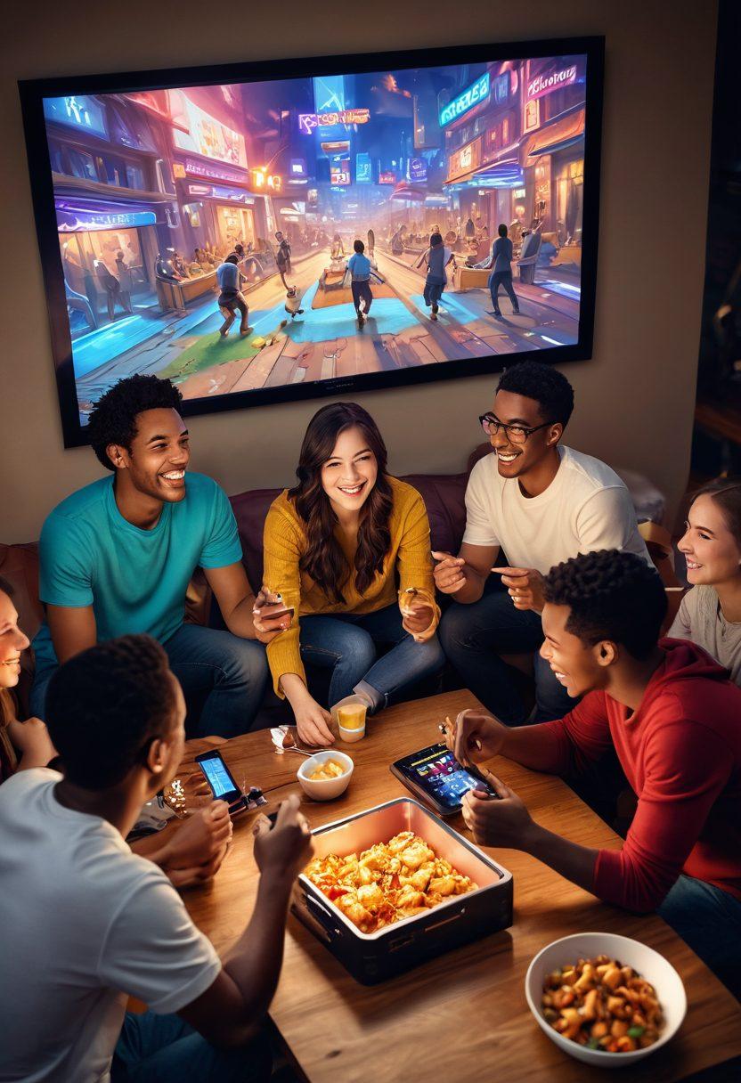 A cozy and inviting scene of diverse people engaged in a multiplayer gaming session around a large screen, sharing laughter and smiles, with colorful game graphics displayed. Include elements that reflect emotional connection, like hand-holding and comforting gestures, alongside snacks and drinks that highlight a casual setting. Warm, soft lighting to enhance intimacy, blending joy with strategy. super-realistic. vibrant colors. soft focus.