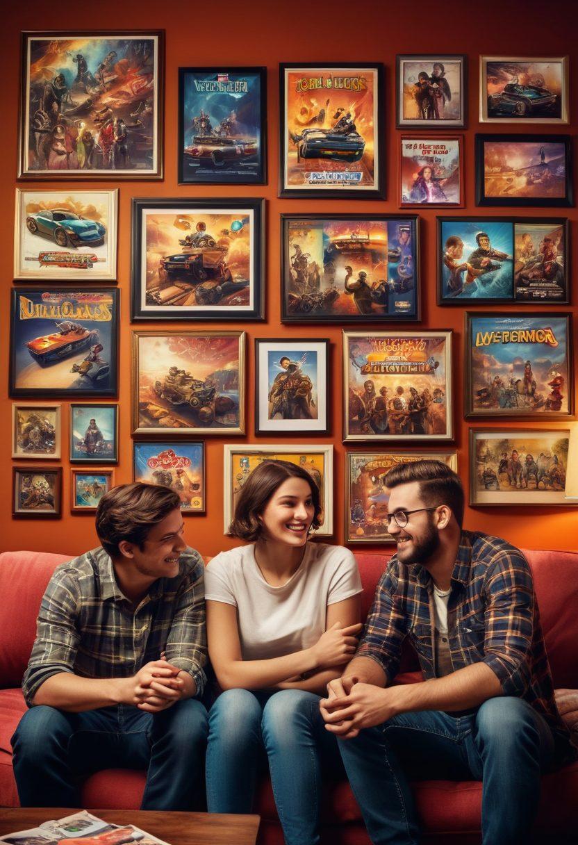 A diverse group of gamers gathered in a cozy, inviting environment, exchanging heartfelt gestures like hugs and high-fives, surrounded by consoles and colorful game posters. The background features a wall filled with framed photos of memorable gaming moments and achievements, creating a warm, communal atmosphere. Soft lighting enhances the sense of camaraderie and affection among them. super-realistic. vibrant colors. cozy setting.